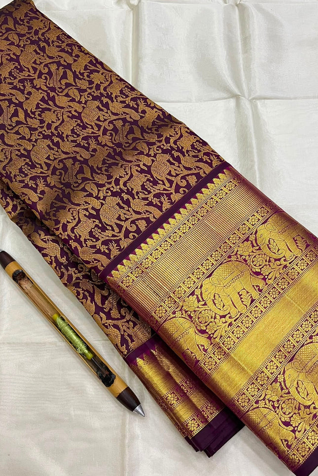 Kanchipuram Handloom Pure Silk Saree | Deep Wine | Bridal Zari Weave | Silk Mark Certified - Rosepetals Luxe