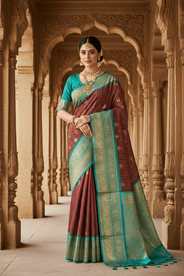 Kanchipuram Handloom Pure Silk Saree | Korvai Bridal Weave | Silk Mark Certified | Wedding & Festive Saree - Rosepetals Luxe