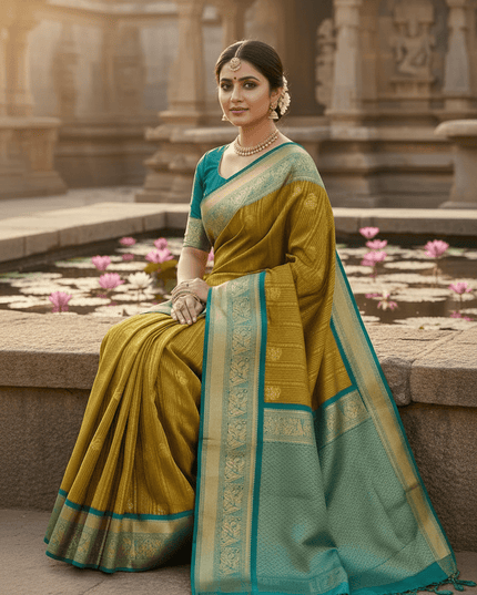 Kanchipuram Handloom Pure Silk Saree | Korvai Bridal Weave | Silk Mark Certified | Wedding & Festive Saree - Rosepetals Luxe