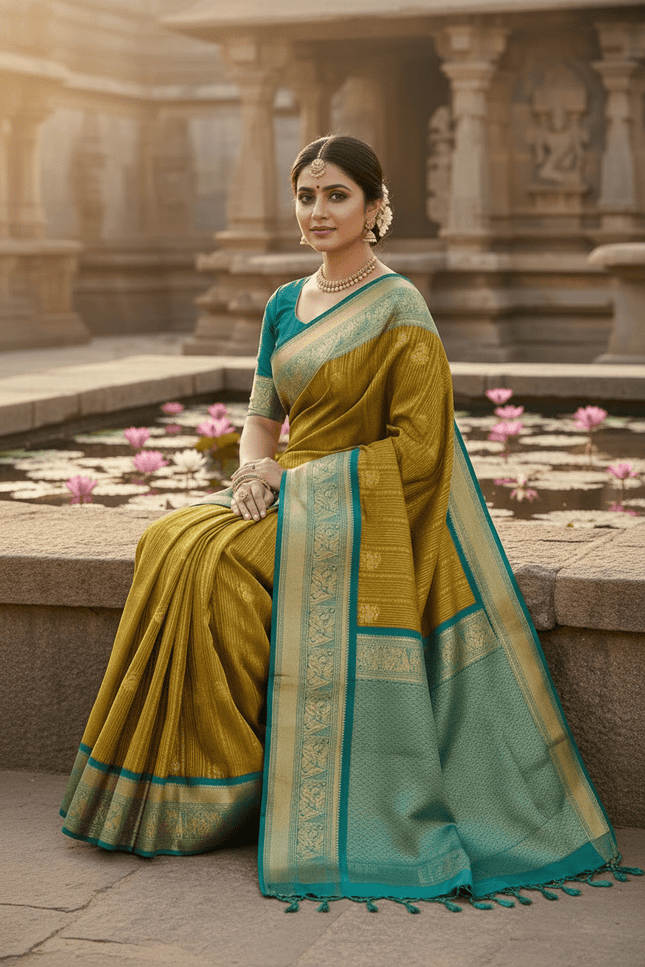 Kanchipuram Handloom Pure Silk Saree | Korvai Bridal Weave | Silk Mark Certified | Wedding & Festive Saree - Rosepetals Luxe