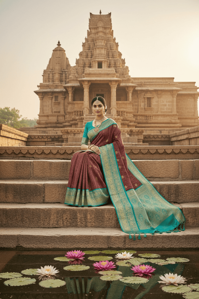 Kanchipuram Handloom Pure Silk Saree | Korvai Bridal Weave | Silk Mark Certified | Wedding & Festive Saree - Rosepetals Luxe