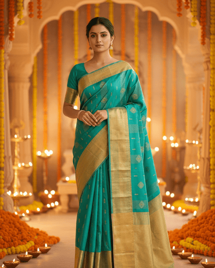 Kanchipuram Handloom Pure Silk Saree | Korvai Butta with Silk Mark Certificate - Rosepetals Luxe