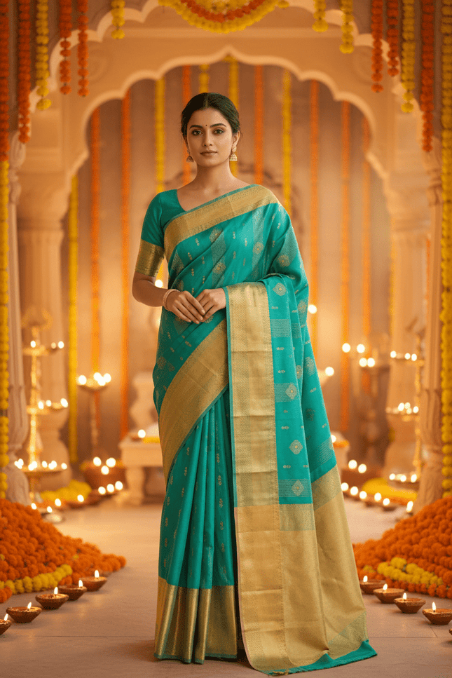 Kanchipuram Handloom Pure Silk Saree | Korvai Butta with Silk Mark Certificate - Rosepetals Luxe