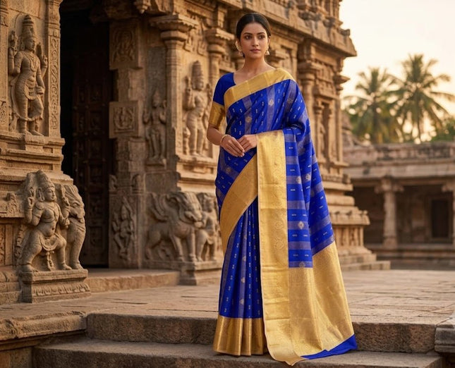 Kanchipuram Handloom Pure Silk Saree | Korvai Butta with Silk Mark Certificate - Rosepetals Luxe
