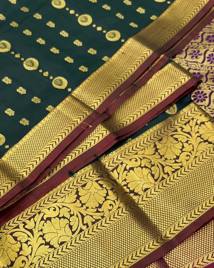 Kanchipuram Luxe Silk Saree – Dark Green Zari Weave | Festive & Bridal Wear - Rosepetals Luxe