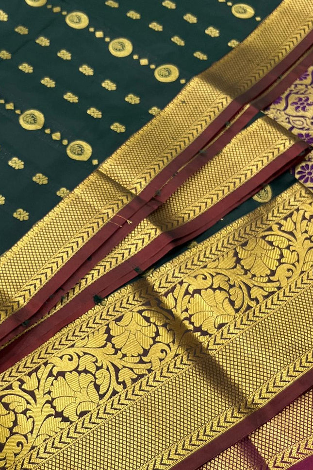 Kanchipuram Luxe Silk Saree – Dark Green Zari Weave | Festive & Bridal Wear - Rosepetals Luxe
