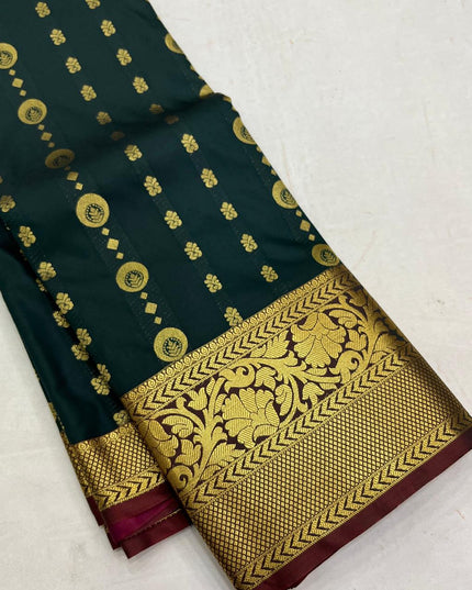 Kanchipuram Luxe Silk Saree – Dark Green Zari Weave | Festive & Bridal Wear - Rosepetals Luxe