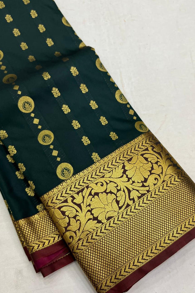 Kanchipuram Luxe Silk Saree – Dark Green Zari Weave | Festive & Bridal Wear - Rosepetals Luxe