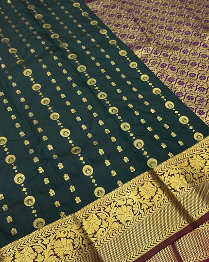 Kanchipuram Luxe Silk Saree – Dark Green Zari Weave | Festive & Bridal Wear - Rosepetals Luxe