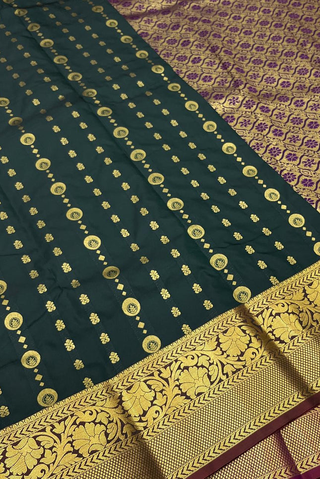 Kanchipuram Luxe Silk Saree – Dark Green Zari Weave | Festive & Bridal Wear - Rosepetals Luxe