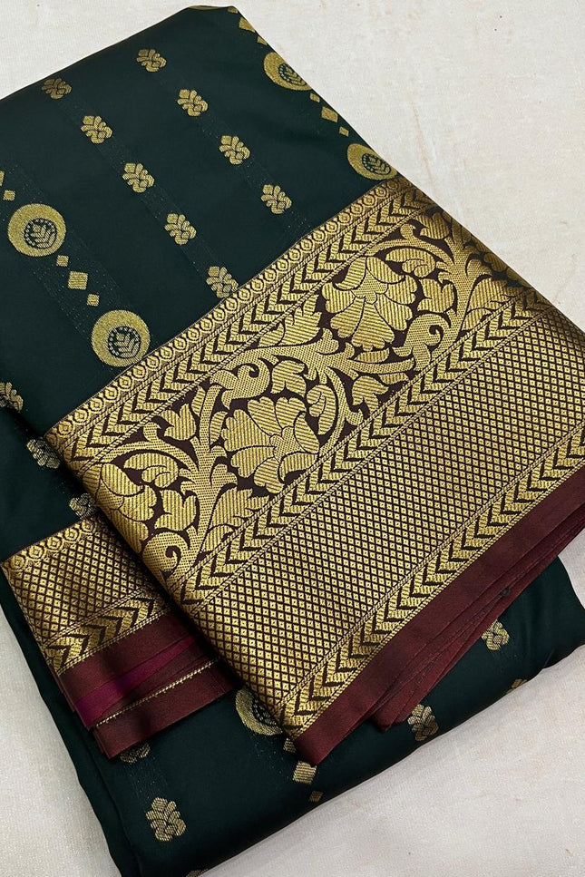 Kanchipuram Luxe Silk Saree – Dark Green Zari Weave | Festive & Bridal Wear - Rosepetals Luxe