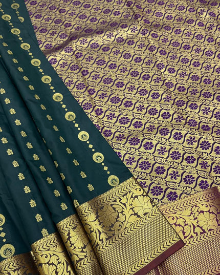 Kanchipuram Luxe Silk Saree – Dark Green Zari Weave | Festive & Bridal Wear - Rosepetals Luxe