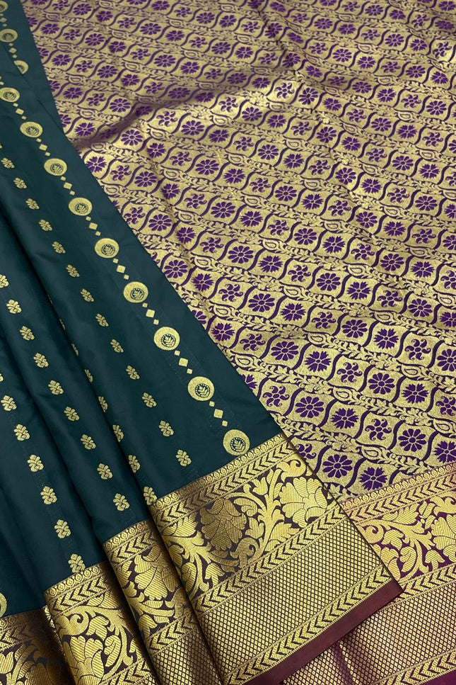 Kanchipuram Luxe Silk Saree – Dark Green Zari Weave | Festive & Bridal Wear - Rosepetals Luxe