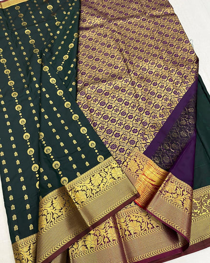 Kanchipuram Luxe Silk Saree – Dark Green Zari Weave | Festive & Bridal Wear - Rosepetals Luxe