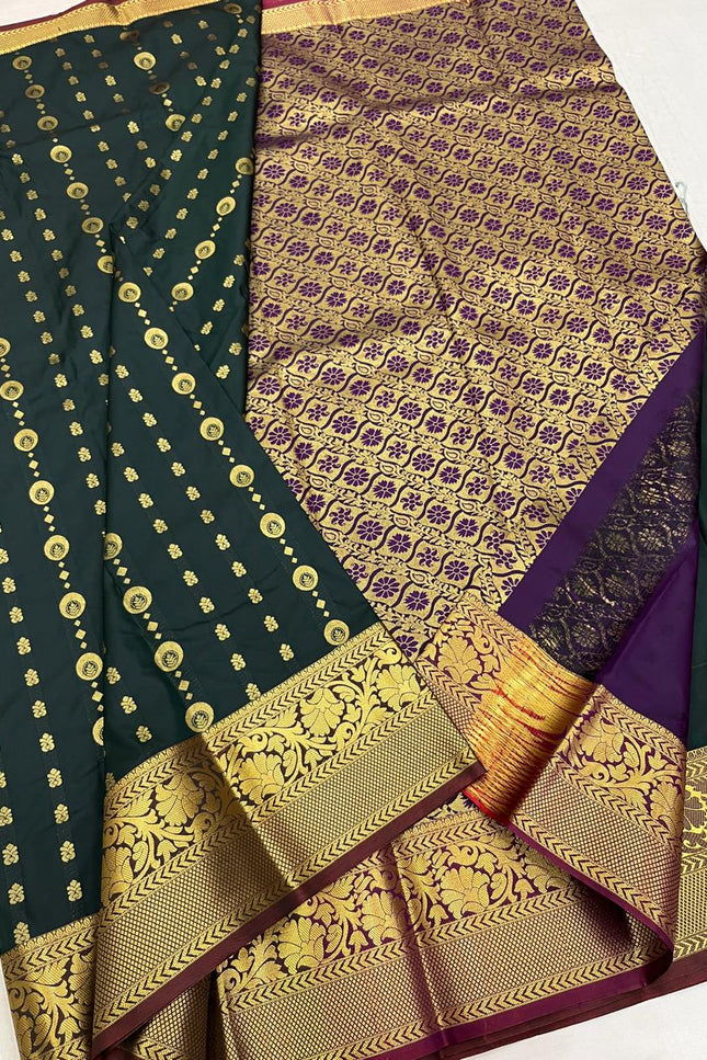 Kanchipuram Luxe Silk Saree – Dark Green Zari Weave | Festive & Bridal Wear - Rosepetals Luxe