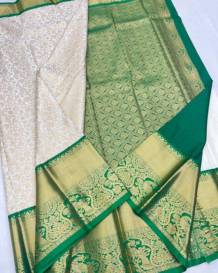 Kanchipuram Luxe Silk Saree | Elegant Zari Weave | Bridal & Festive Wear | Dark Green & Pink - Rosepetals Luxe