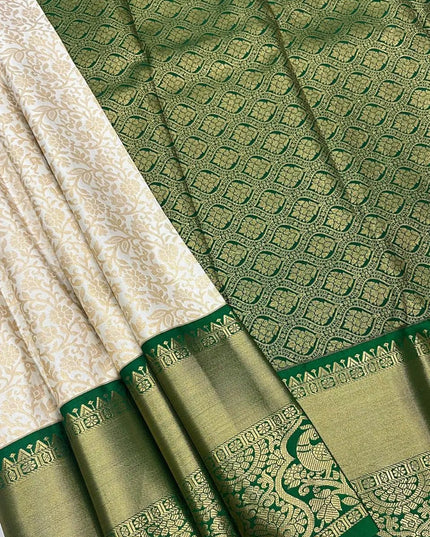 Kanchipuram Luxe Silk Saree | Elegant Zari Weave | Bridal & Festive Wear | Dark Green & Pink - Rosepetals Luxe