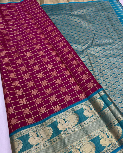 Kanchipuram Luxe Silk Saree | Fancy Checked Collection | Festive & Wedding Wear - Rosepetals Luxe