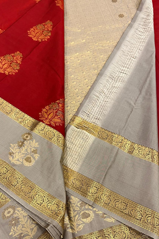 Kanchipuram Luxe Silk Saree | Trending Butta Combo with Contrast Border - Rosepetals Luxe