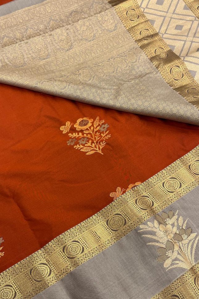 Kanchipuram Luxe Silk Saree | Trending Butta Combo with Contrast Border - Rosepetals Luxe