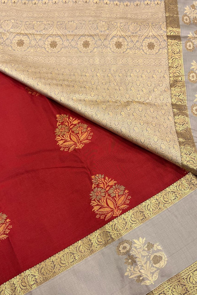 Kanchipuram Luxe Silk Saree | Trending Butta Combo with Contrast Border - Rosepetals Luxe