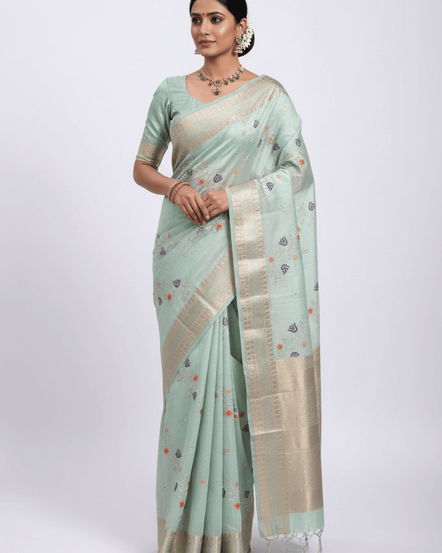 Kanchipuram Mix Silk Embroidery Fancy Saree - Rosepetals Luxe