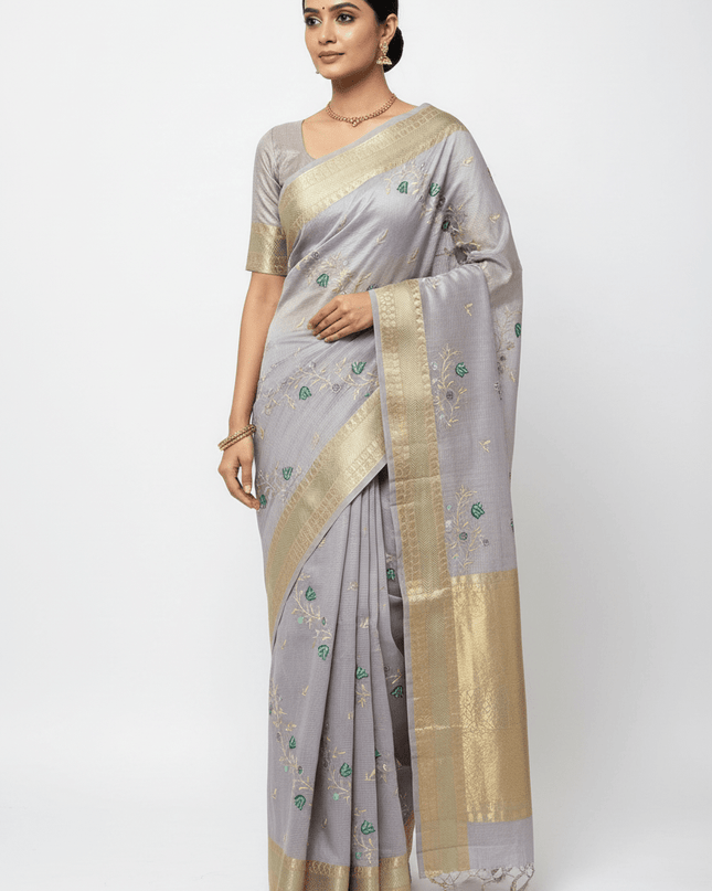 Kanchipuram Mix Silk Embroidery Fancy Saree - Rosepetals Luxe