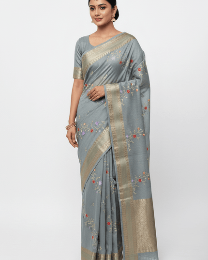 Kanchipuram Mix Silk Embroidery Fancy Saree - Rosepetals Luxe