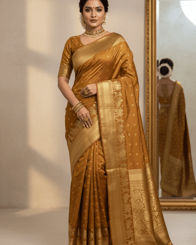 Kanchipuram Premium Semi Silk Mustard Saree with Fancy Zari Butta and Big Border - Rosepetals Luxe