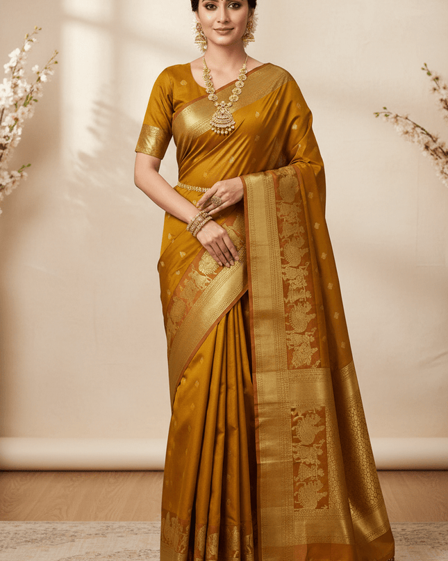 Kanchipuram Premium Semi Silk Mustard Saree with Fancy Zari Butta and Big Border - Rosepetals Luxe