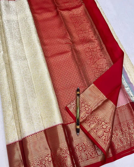 Kanchipuram Pure Silk Korvai Bridal Saree | Cream | Silk Mark Certified - Rosepetals Luxe