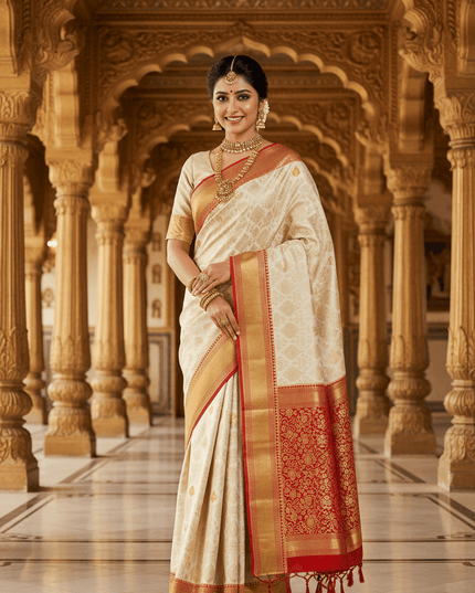 Kanchipuram Pure Silk Korvai Bridal Saree | Cream | Silk Mark Certified - Rosepetals Luxe