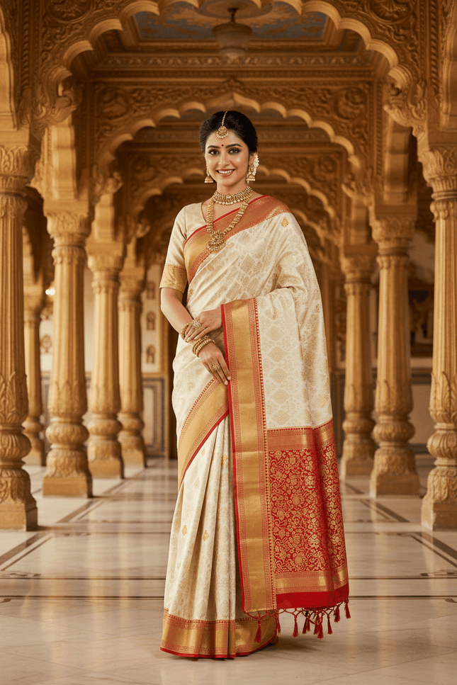 Kanchipuram Pure Silk Korvai Bridal Saree | Cream | Silk Mark Certified - Rosepetals Luxe