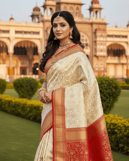 Kanchipuram Pure Silk Korvai Bridal Saree | Cream | Silk Mark Certified - Rosepetals Luxe