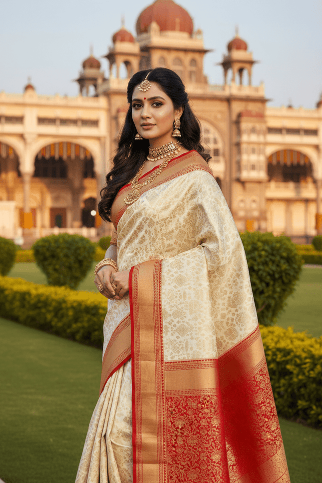 Kanchipuram Pure Silk Korvai Bridal Saree | Cream | Silk Mark Certified - Rosepetals Luxe