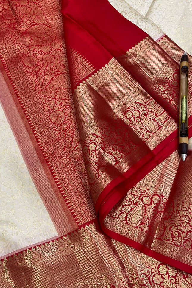 Kanchipuram Pure Silk Korvai Bridal Saree | Cream | Silk Mark Certified - Rosepetals Luxe