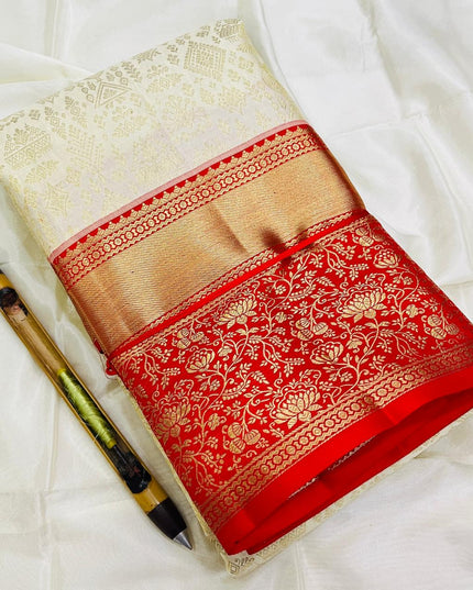 Kanchipuram Pure Silk Korvai Bridal Saree | Cream | Silk Mark Certified - Rosepetals Luxe