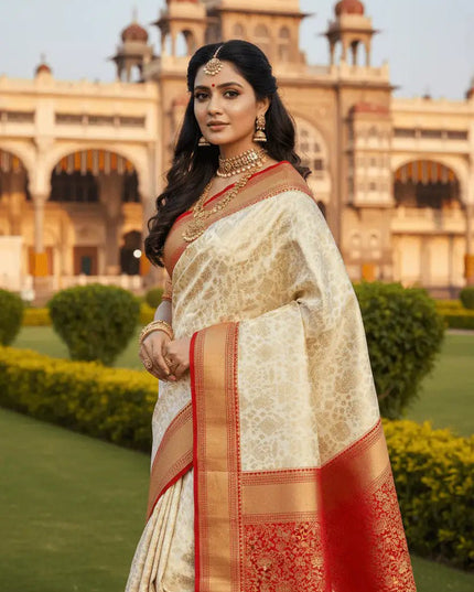 Kanchipuram Pure Silk Korvai Bridal Saree | Cream | Silk Mark Certified - Rosepetals Luxe