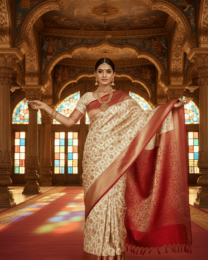 Kanchipuram Pure Silk Korvai Bridal Saree | Cream | Silk Mark Certified - Rosepetals Luxe