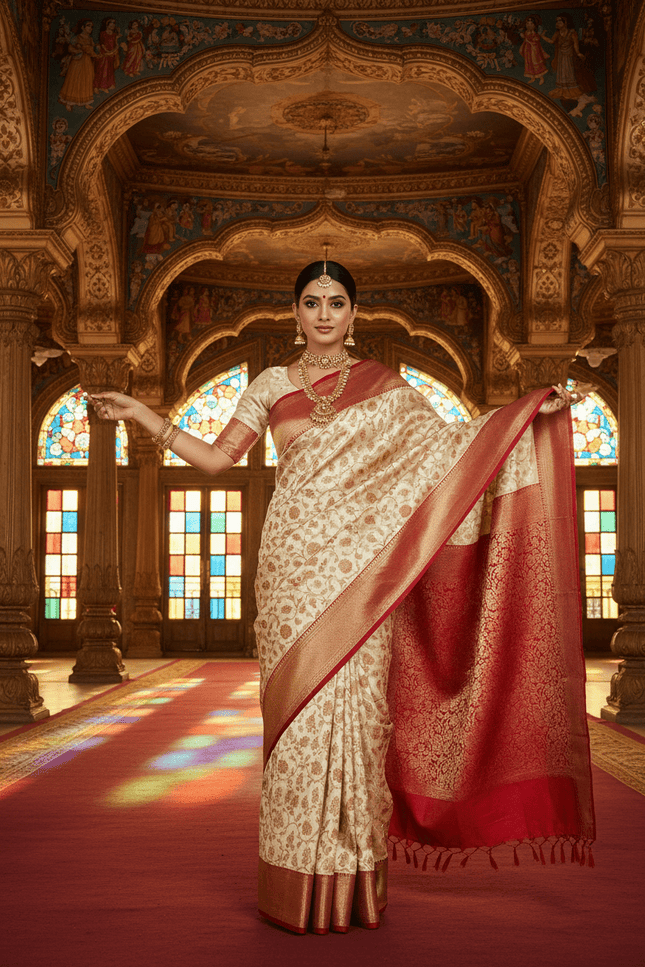 Kanchipuram Pure Silk Korvai Bridal Saree | Cream | Silk Mark Certified - Rosepetals Luxe