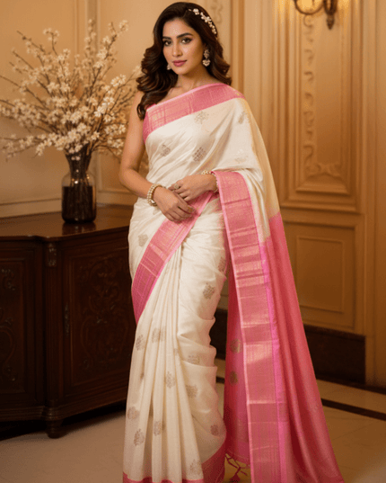 Kanchipuram Pure Silk Saree | Fancy Butta Weave | Silk Mark Certified - Rosepetals Luxe