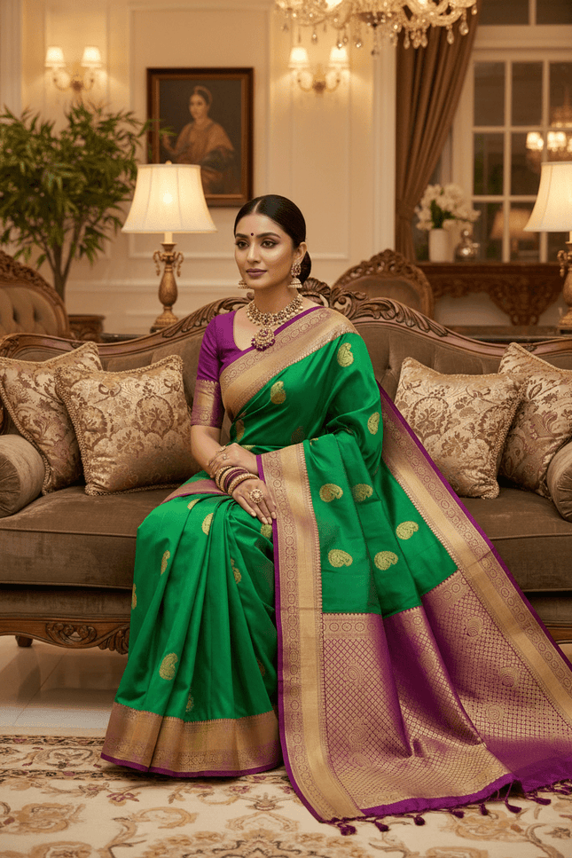 Kanchipuram Pure Silk Saree | Fancy Butta Weave with Silk Mark Certified - Rosepetals Luxe