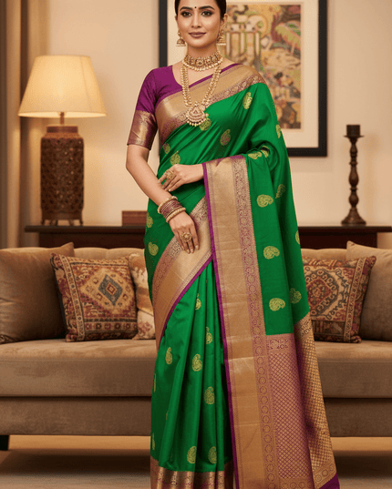 Kanchipuram Pure Silk Saree | Fancy Butta Weave with Silk Mark Certified - Rosepetals Luxe