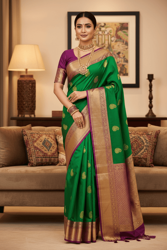 Kanchipuram Pure Silk Saree | Fancy Butta Weave with Silk Mark Certified - Rosepetals Luxe
