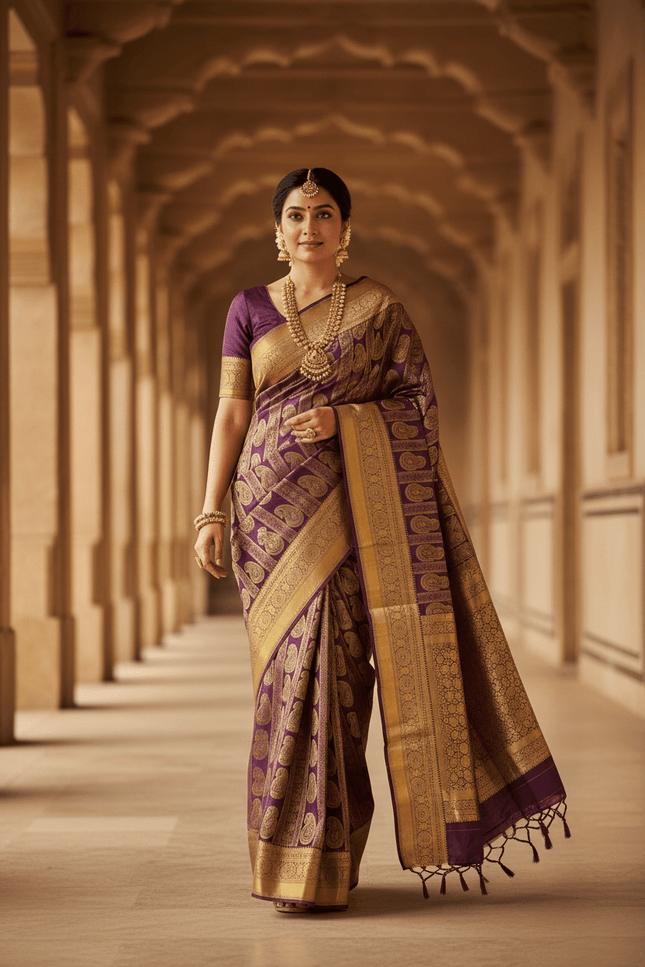 Kanchipuram Pure Silk Saree | Silk Mark Certified | Traditional Zari Weave | Bridal & Wedding Wear - Rosepetals Luxe