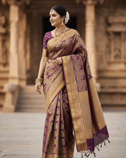 Kanchipuram Pure Silk Saree | Silk Mark Certified | Traditional Zari Weave | Bridal & Wedding Wear - Rosepetals Luxe