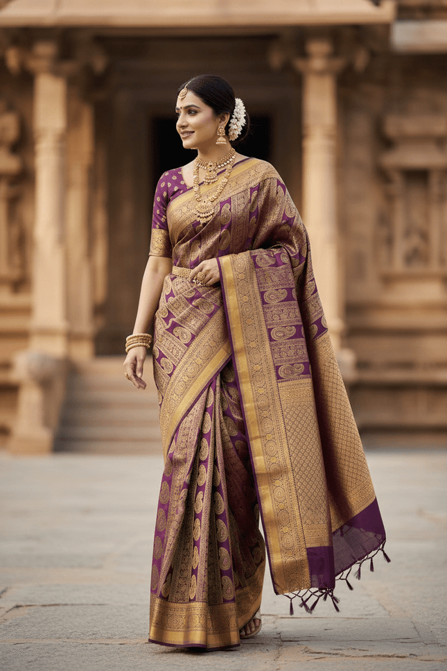 Kanchipuram Pure Silk Saree | Silk Mark Certified | Traditional Zari Weave | Bridal & Wedding Wear - Rosepetals Luxe