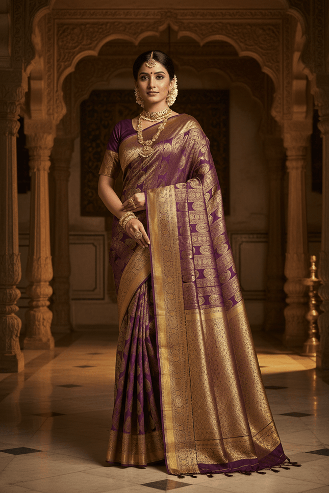 Kanchipuram Pure Silk Saree | Silk Mark Certified | Traditional Zari Weave | Bridal & Wedding Wear - Rosepetals Luxe