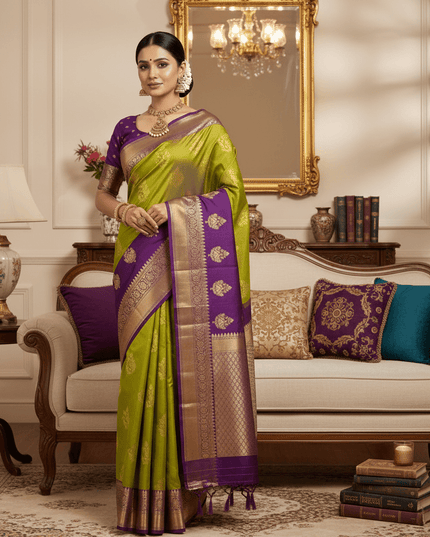 Kanchipuram Semi Silk Saree | Butta Combo Bridal & Festive Saree - Rosepetals Luxe