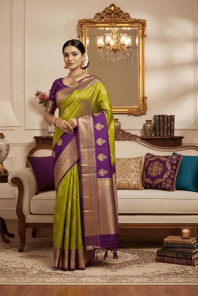 Kanchipuram Semi Silk Saree | Butta Combo Bridal & Festive Saree - Rosepetals Luxe